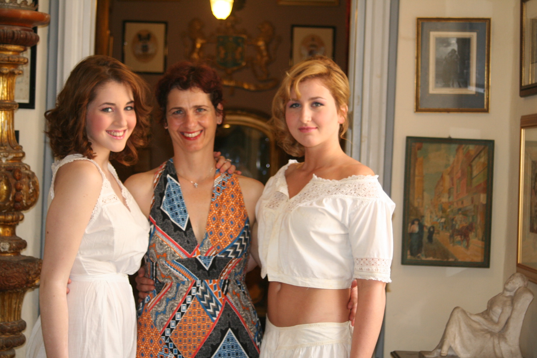 Caroline Tonna with her two daughters Beverly (left) and Kristie (right) wearing 19th century underwear from Casa Rocca Piccola collection 7 May 2014