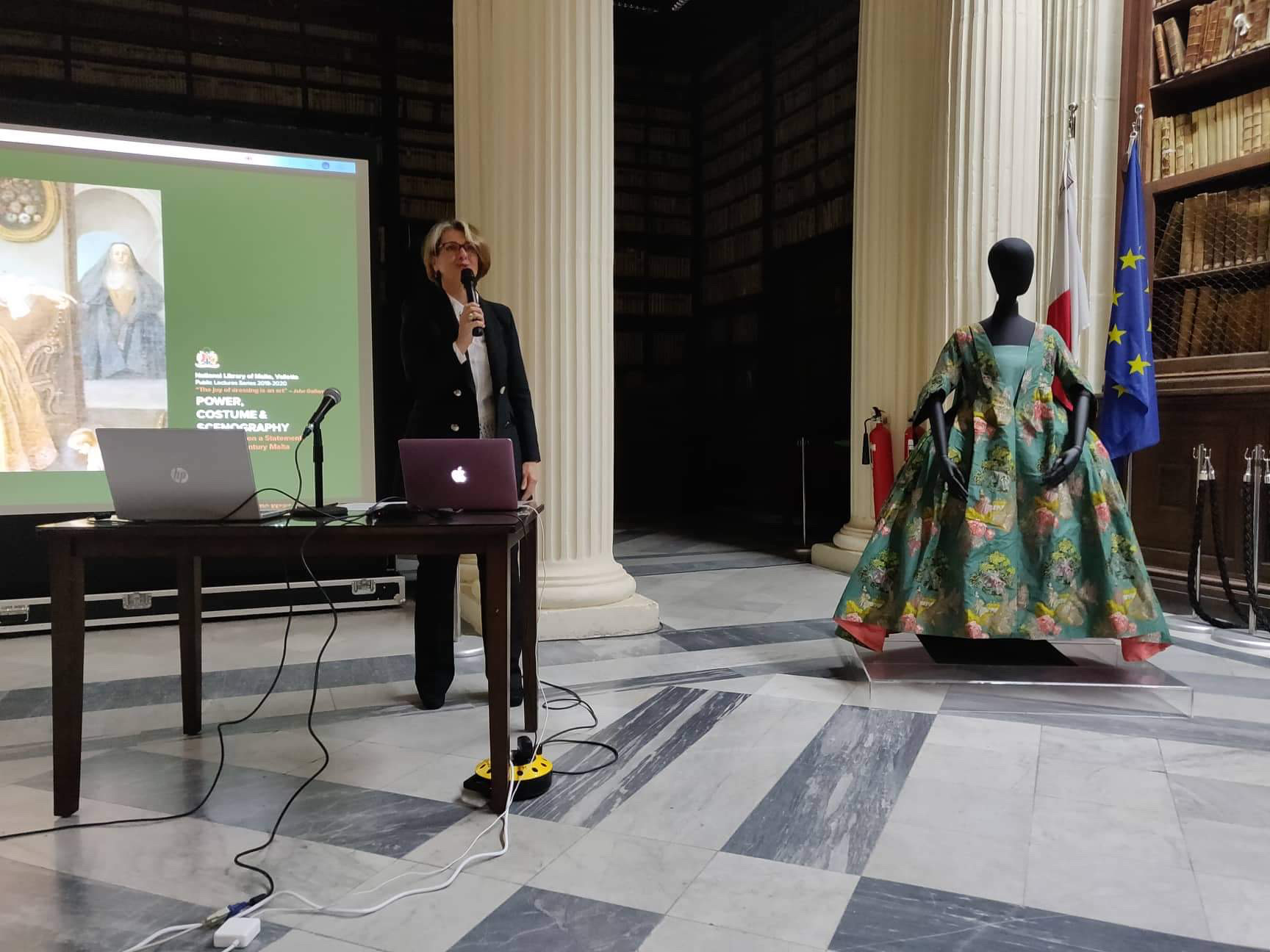 Caroline Tonna delivering the lecture on the Robe Volante at Malta National Library, 2019